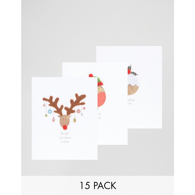 Paperchase - Lot de 15 cartes de Noël avec personnages ornés d'un pompon - Multi