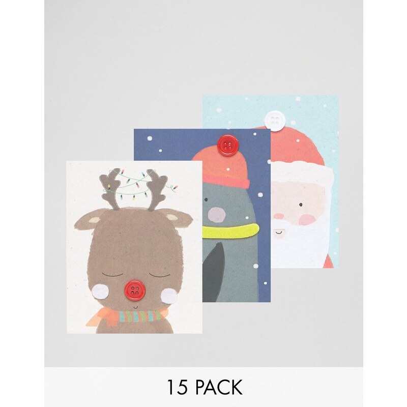 Paperchase - Lot de 15 cartes de Noël avec personnages ornés d'un bouton - Multi