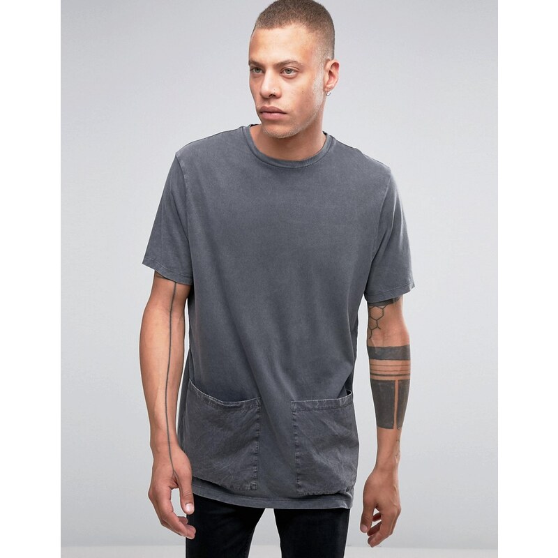 ASOS - T-shirt long délavé avec poches tissées - Noir