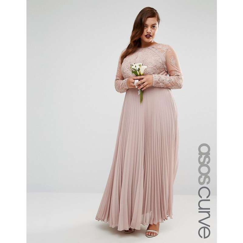 ASOS CURVE WEDDING - Jolie robe longue plissée en dentelle frangée - Rose