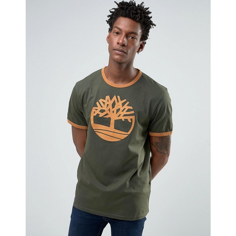 Timberland - T-shirt à bordures contrastantes et logo - Vert - Vert