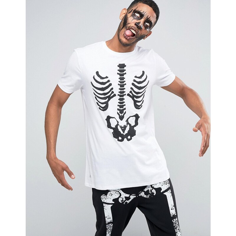 ASOS - T-shirt d' Halloween coupe longue imprimé cage thoracique squelette - Blanc - Blanc