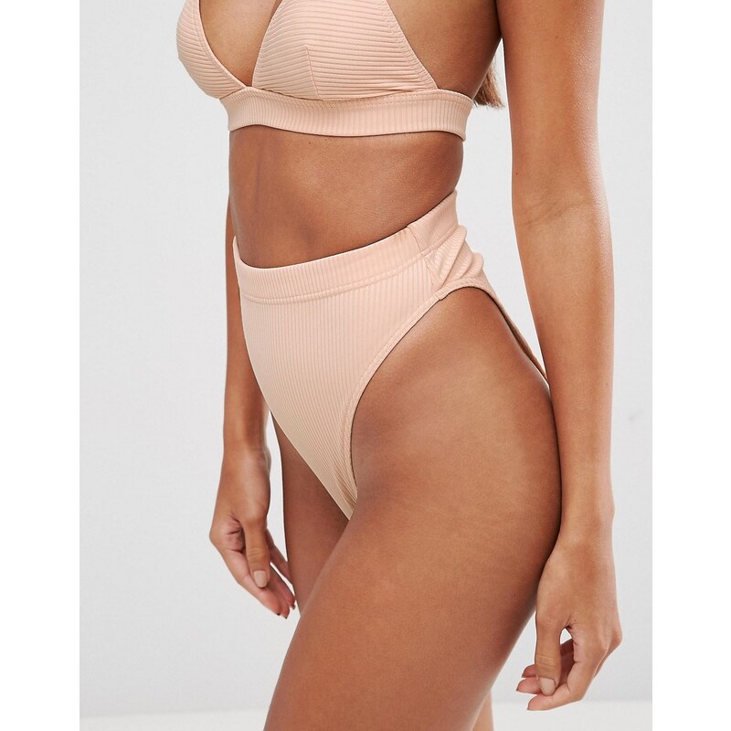 ASOS - Mix and Match - Bas de bikini taille haute échancré aspect côtelé - Rose