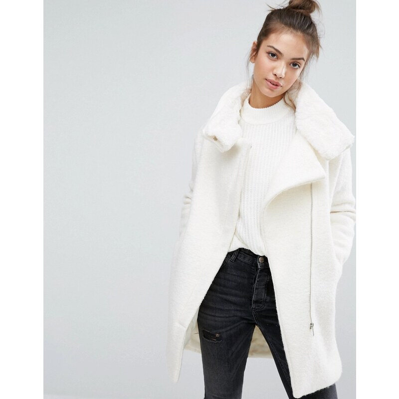 Pull&Bear - Manteau zippé avec doublure en fausse fourrure - Blanc