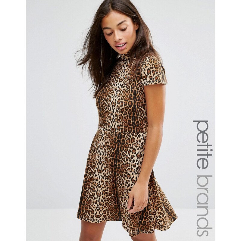 Glamorous Petite - Robe patineuse motif léopard à encolure montante - Marron