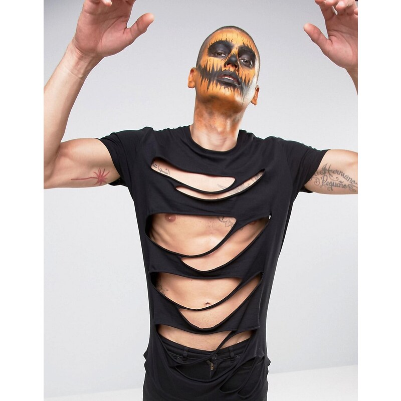 ASOS - Halloween - T-shirt long très déchiré - Noir - Noir