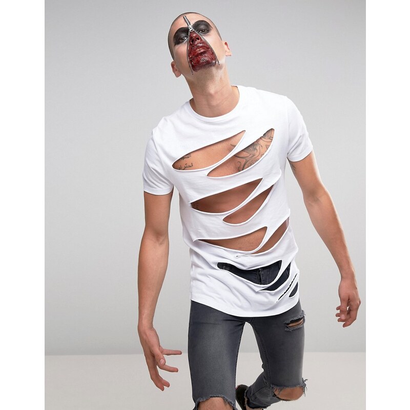 ASOS - T-shirt long d'Halloween très déchiré - Blanc - Blanc