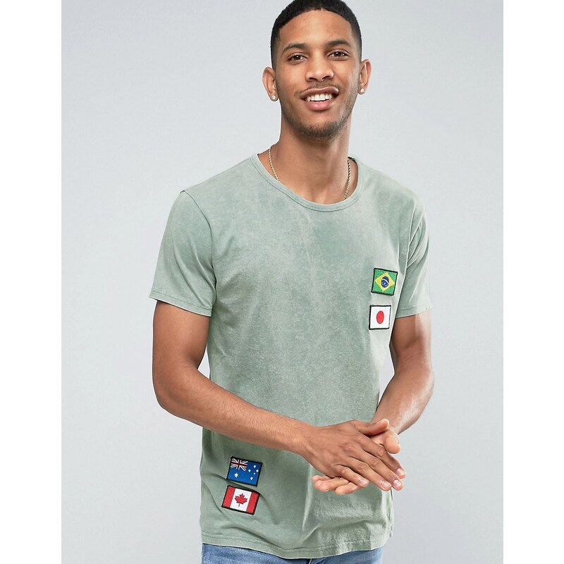 Pull&Bear - T-Shirt avec badge - Kaki clair - Vert