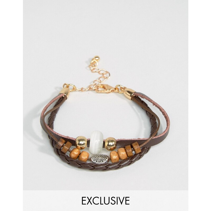 DesignB London DesignB - Bracelet multi-rangs en cuir avec perles - Marron