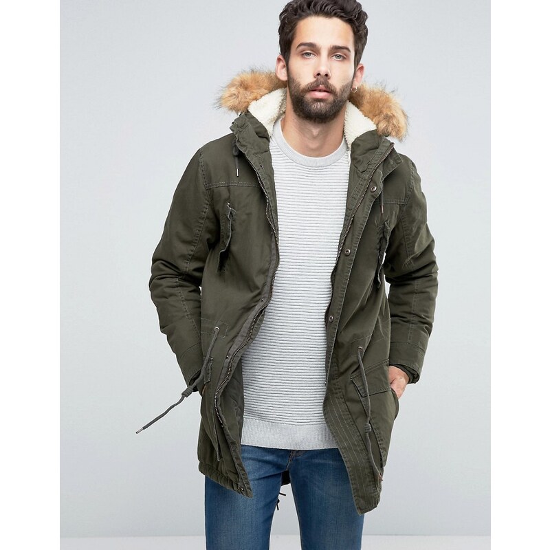 Solid Parka with Faux Fur Hood - Vert