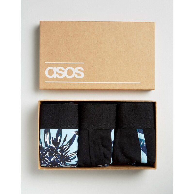 ASOS - Lot de 3 boxers taille basse à fleurs avec coutures en U en coffret-cadeau - Gris