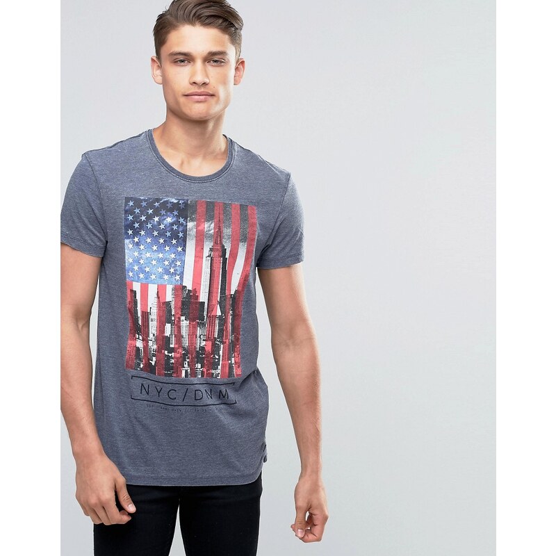 Esprit - T-shirt ras de cou effet dévoré avec imprimé drapeau américain - Bleu marine