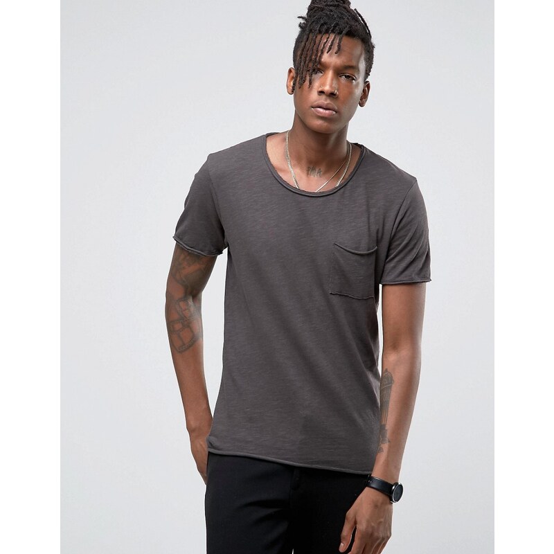 Selected Homme - T-shirt long à bords bruts - Noir