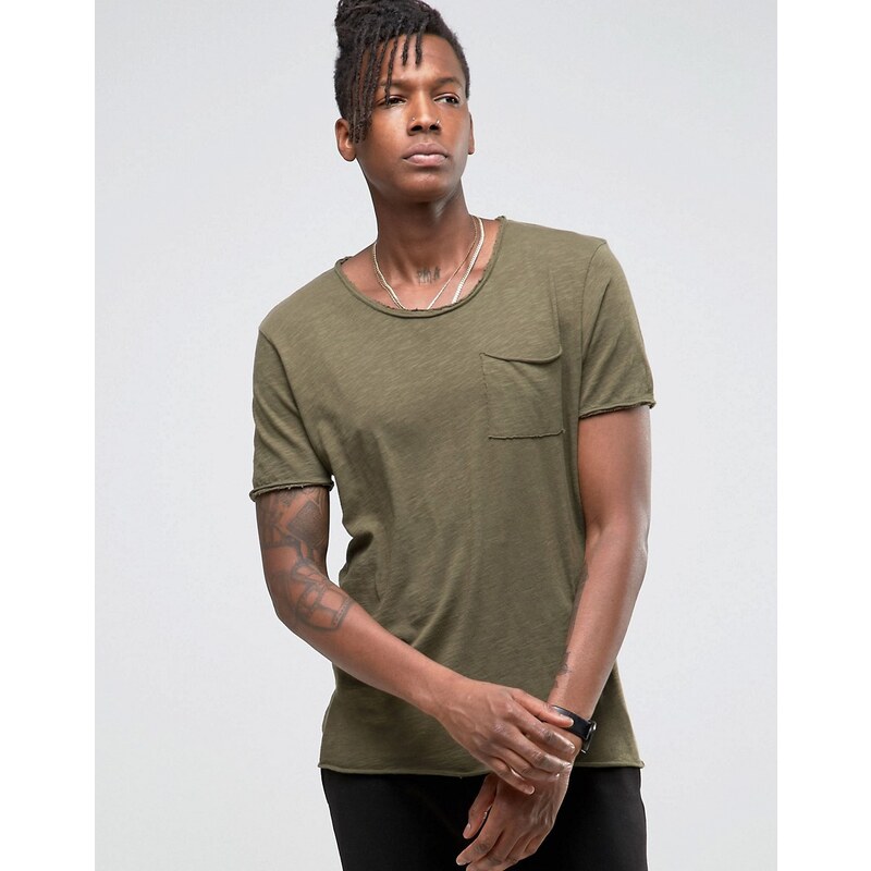 Selected Homme - T-shirt long à bords bruts - Vert
