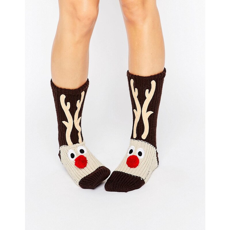 Loungeable - Chaussettes de Noël en grosse maille motif renne - Marron