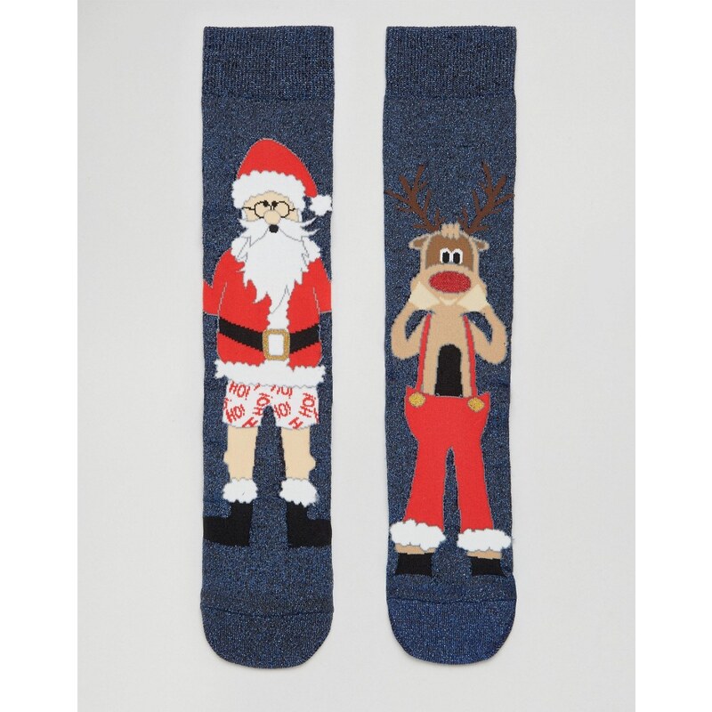 ASOS - Lot de 2 paires de chaussettes de Noël à motif pailleté Père Noël et renne - Multi