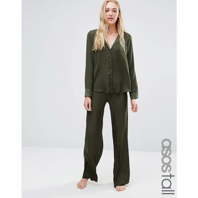 ASOS TALL - Newton - Ensemble chemise et bas de pyjama large en satin à pois jacquard - Vert