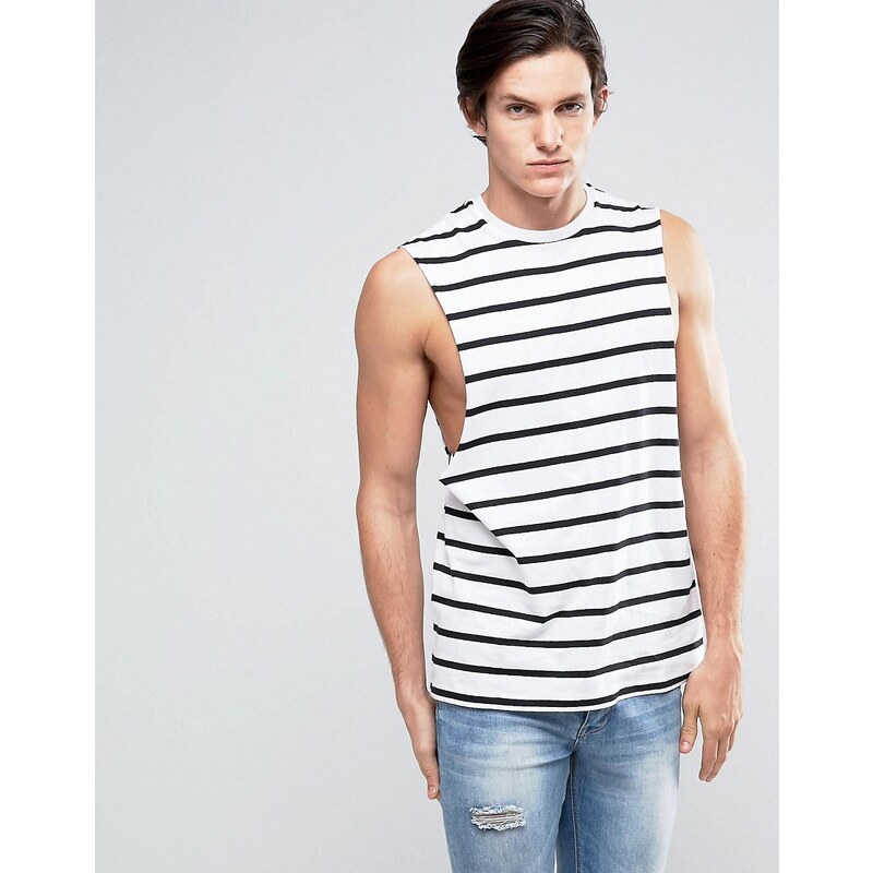 ASOS - T-shirt sans manches à rayures avec emmanchures larges - Blanc