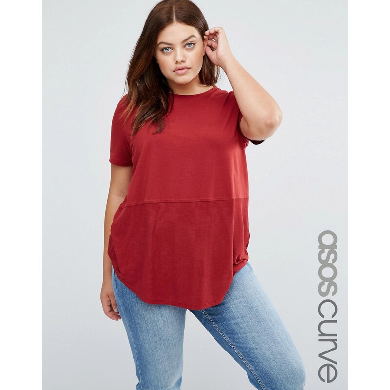 ASOS CURVE - T-shirt à empiècement côtelé contrasté - Rouge