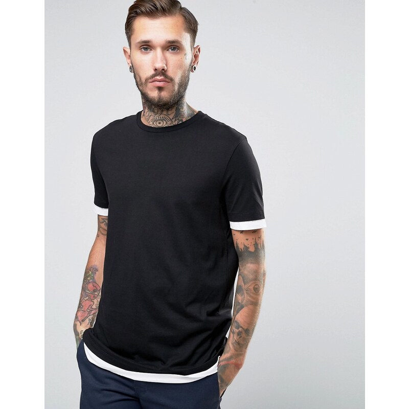 ASOS - T-shirt long à ourlet et poignets contrastants - Noir - Noir