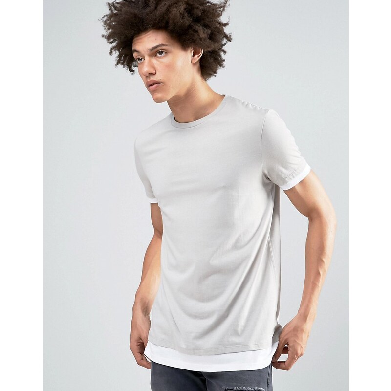 ASOS - T-shirt long avec bords de manches et ourlet contrastants - Gris - Gris