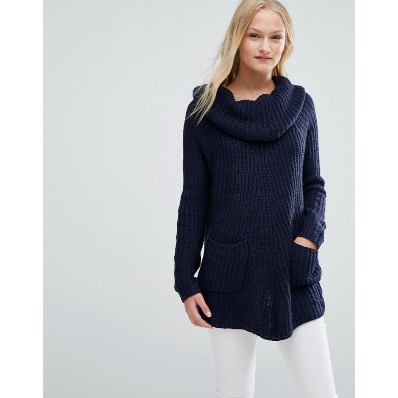 QED London - Pull en tricot épais à col bénitier - Bleu marine
