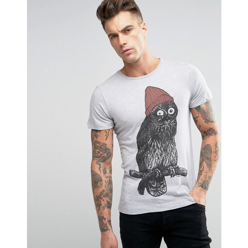 Blend - T-shirt cintré avec hibou à bonnet - Gris