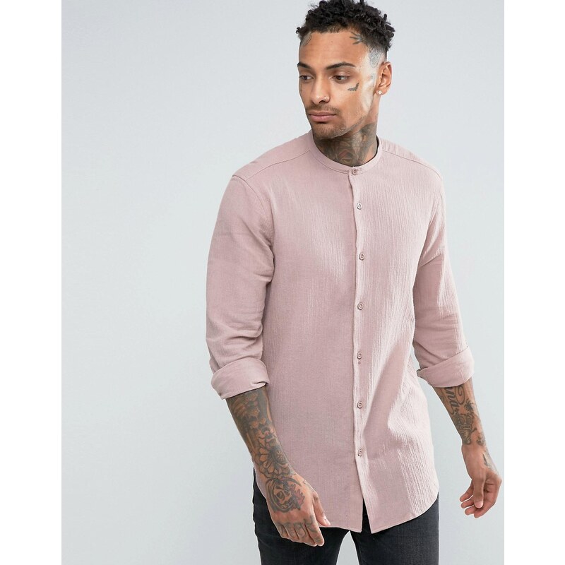 ASOS Regular Fit Shirt With Grandad Collar In Dusty Pink - Rose