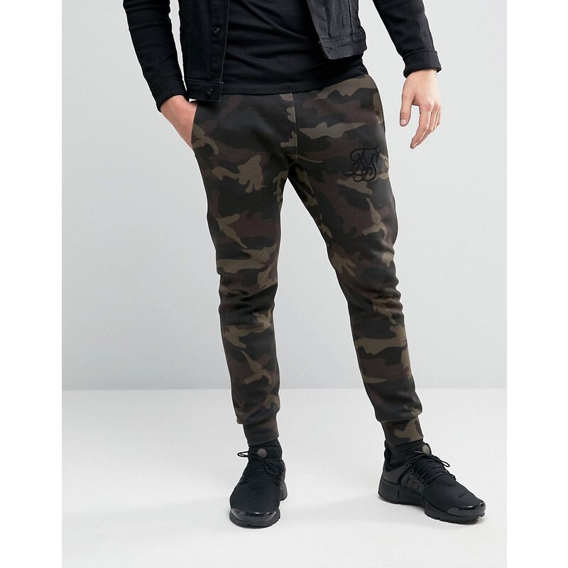SikSilk - Pantalon de jogging en polyester motif camouflage - Vert
