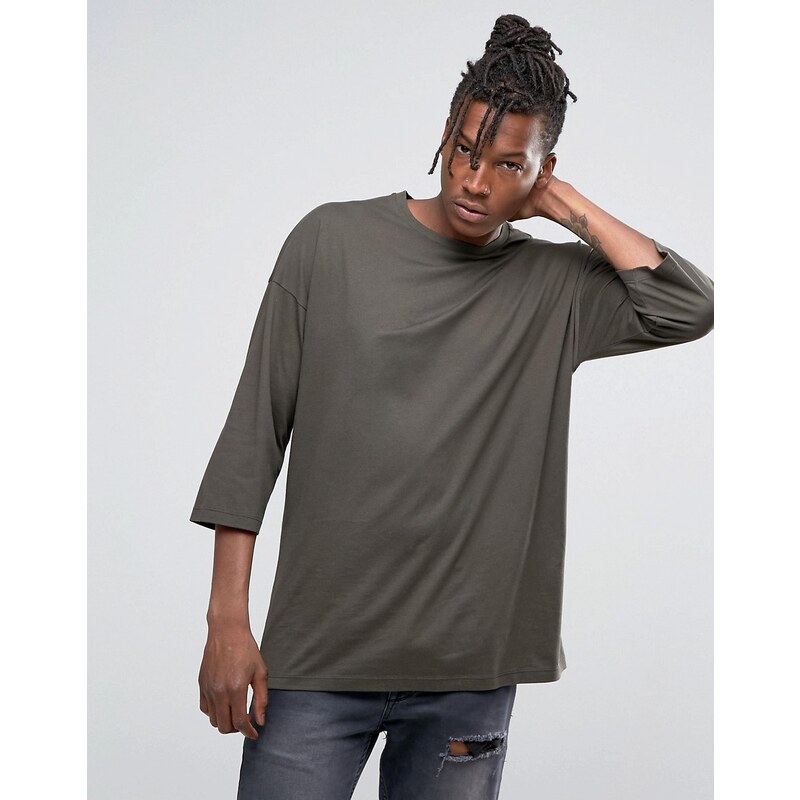 ASOS - T-shirt oversize à manches 3/4 - Kaki - Vert