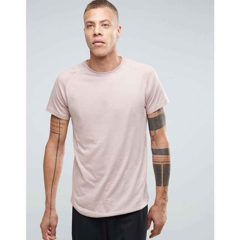 Selected Homme - T-shirt long à manches raglan et ourlet arrondi - Rose