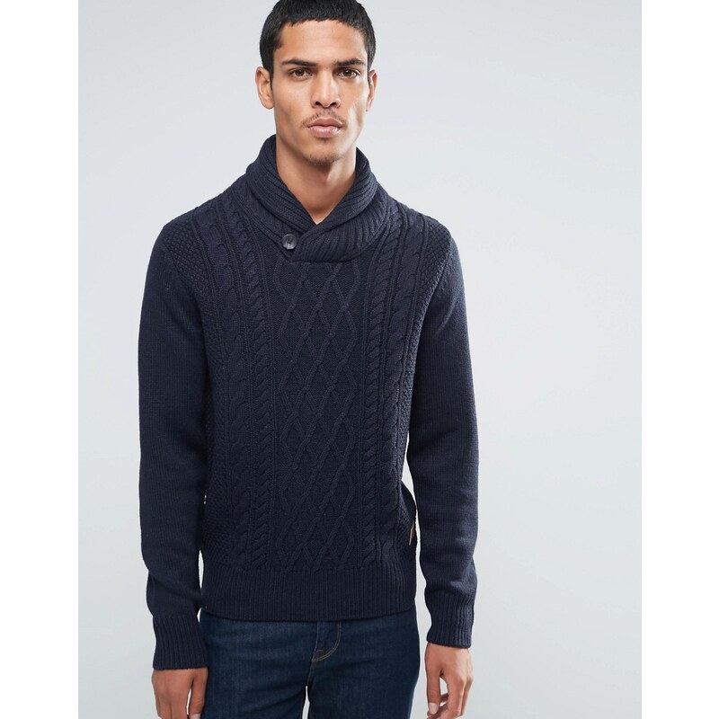 Threadbare - Pull en tricot torsadé avec col châle - Bleu marine