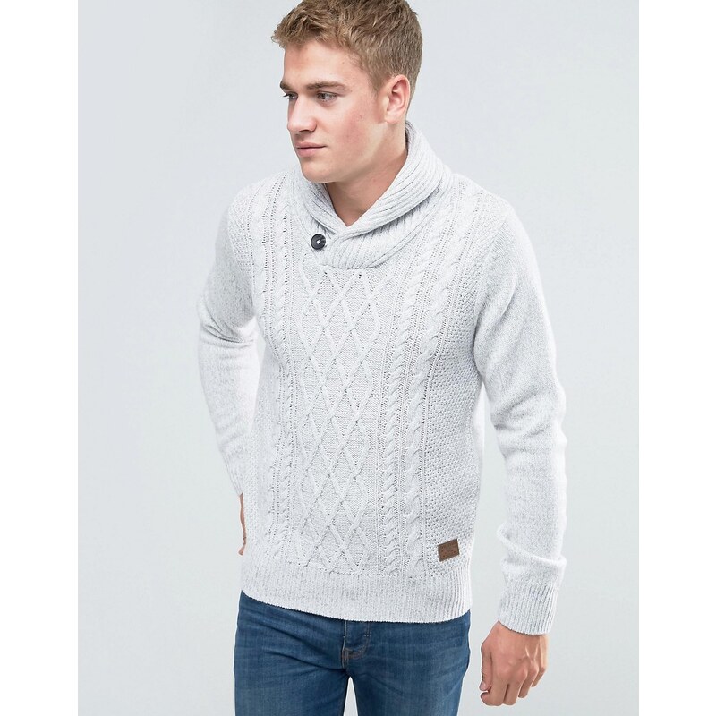 Threadbare - Pull en tricot torsadé avec col châle - Blanc