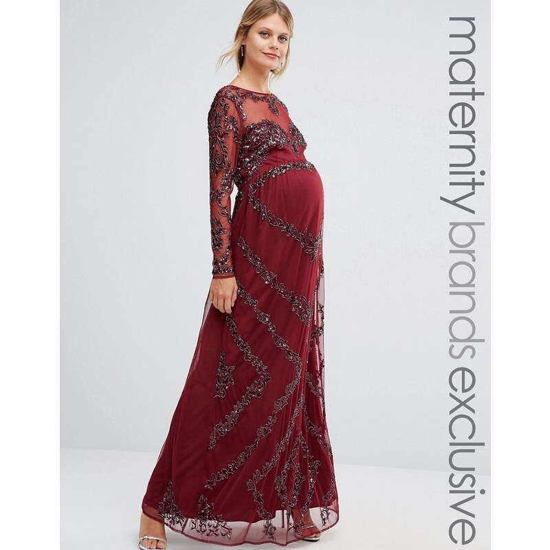 Maya Maternity - Robe longue ornée de dentelle transparente à manches longues - Rouge