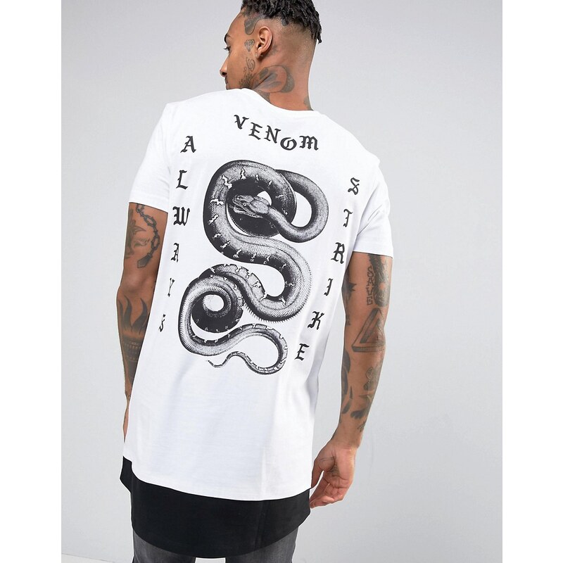 ASOS - T-shirt super long à ourlet rallongé arrondi et imprimé serpent dans le dos - Blanc - Blanc