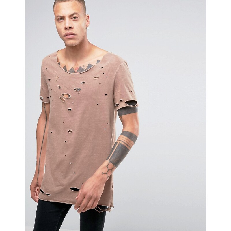 ASOS - T-shirt super long à encolure dégagée avec effet vieilli et teinture pigmentée - Beige - Marron