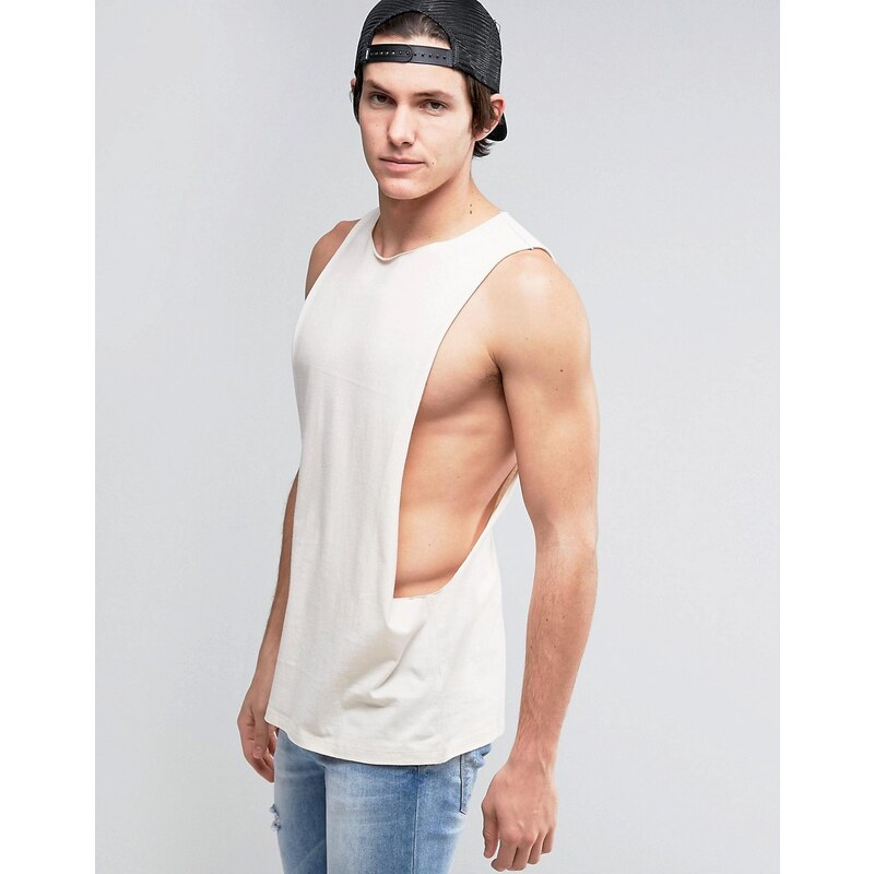 ASOS - T-shirt sans manches à emmanchures ultra larges et bord brut - Gris