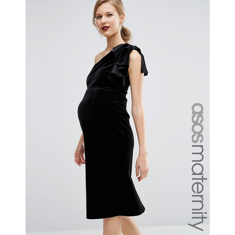 ASOS Maternity - Robe asymétrique mi-longue en velours avec volants - Noir