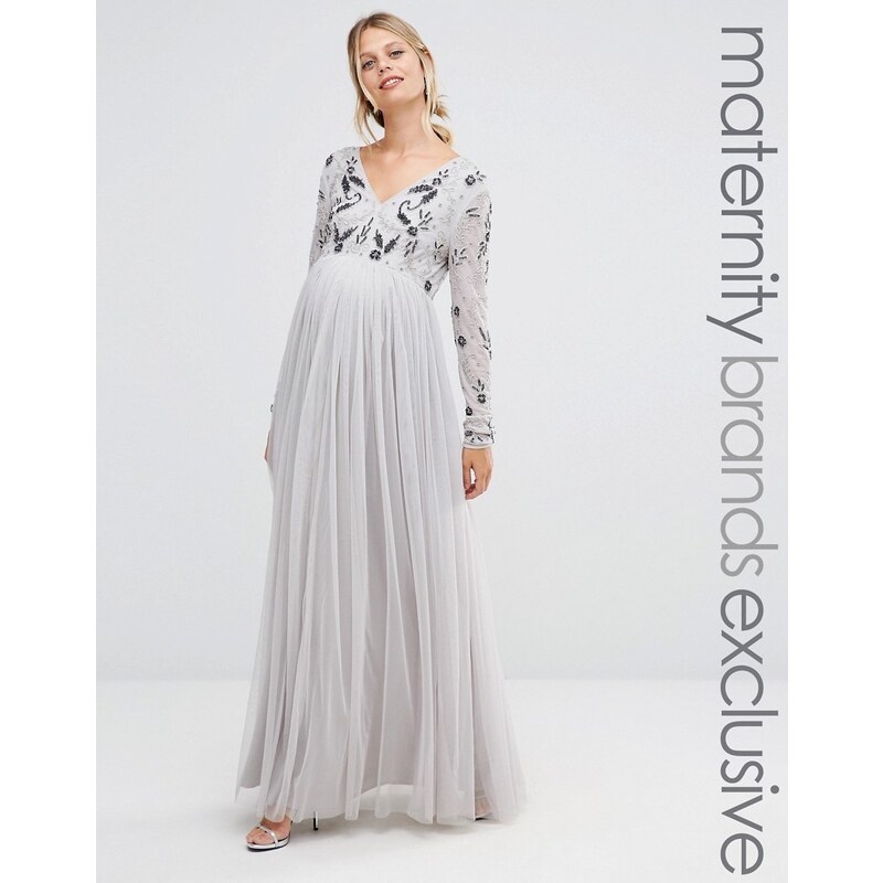 Maya Maternity - Robe longue à manches longues à corsage ornementé et jupe en tulle - Argenté