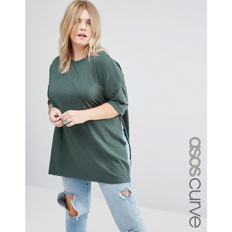 ASOS CURVE - T-shirt long oversize en jersey texturé fendu sur les côtés - Vert