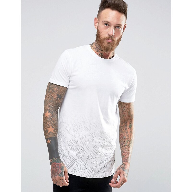 Only & Sons - T-shirt très long avec ourlet arrondi et imprimé effet délavé - Blanc