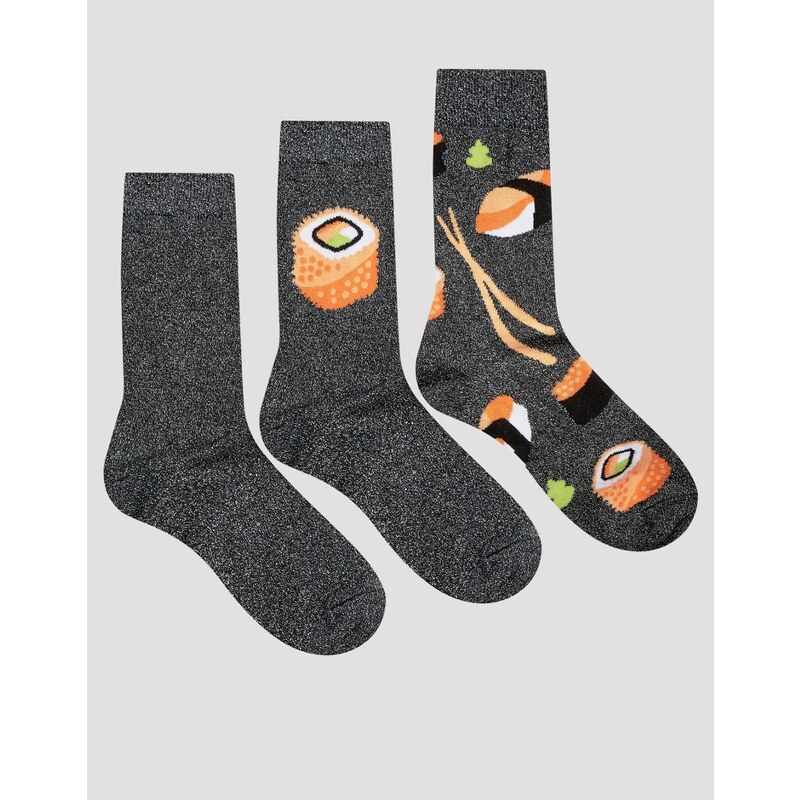 ASOS - Lot de 3 paires de chaussettes motif sushi scintillant - Multi