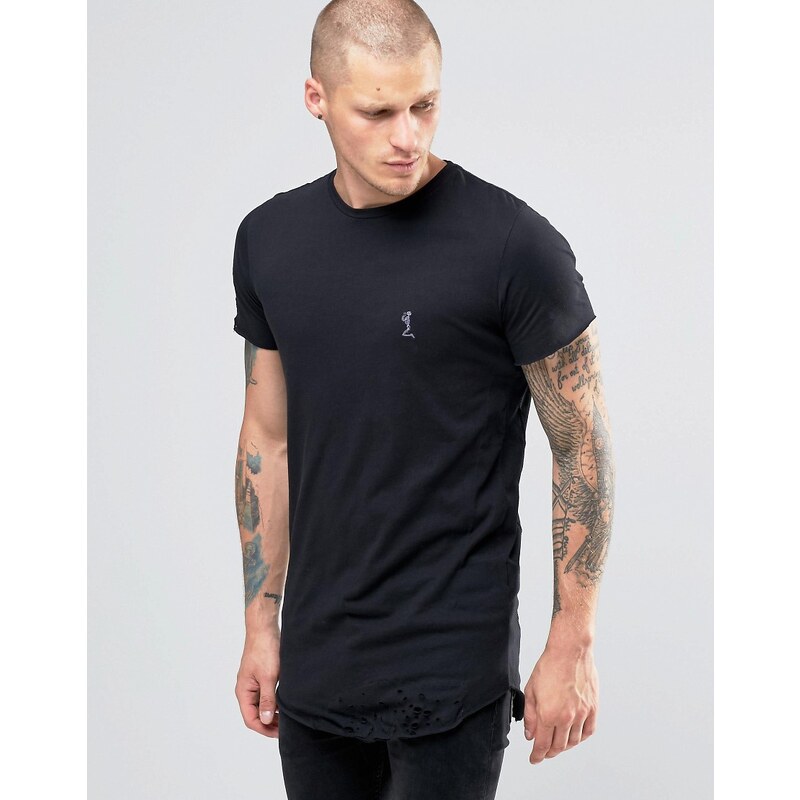 Religion - T-Shirt long avec ourlet arrondi et déchirures - Noir