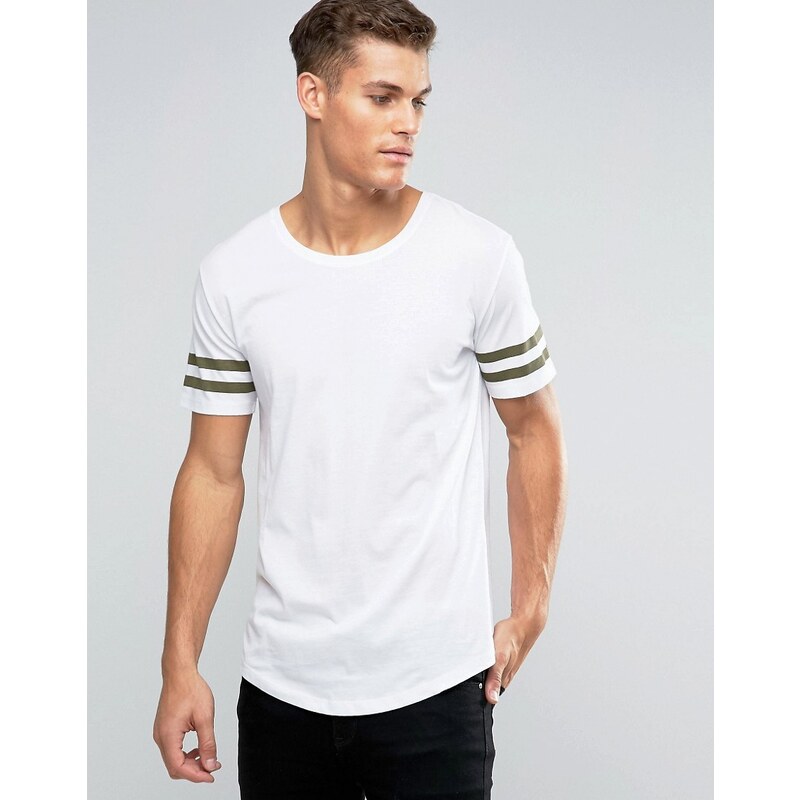 Only & Sons - T-shirt long à manches rayées et ourlet arrondi - Blanc