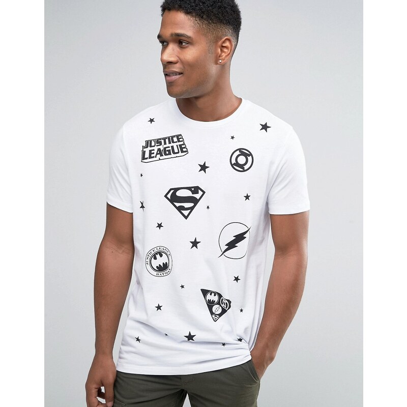 ASOS - Justice League - T-shirt long à imprimé badges - Blanc - Blanc