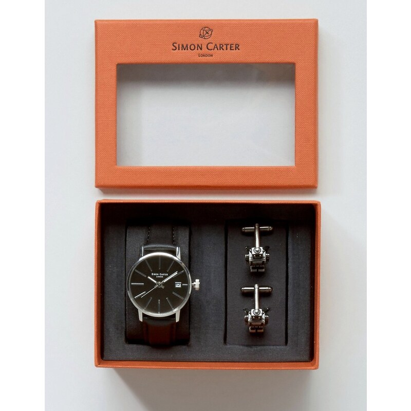 Simon Carter - Coffret-cadeau avec montre en cuir et boutons de manchette robot - Noir