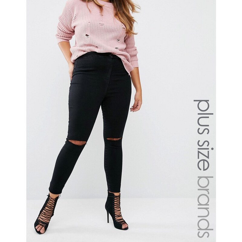 Missguided Plus - Vice - Jean skinny taille haute super stretch avec genoux déchirés - Noir