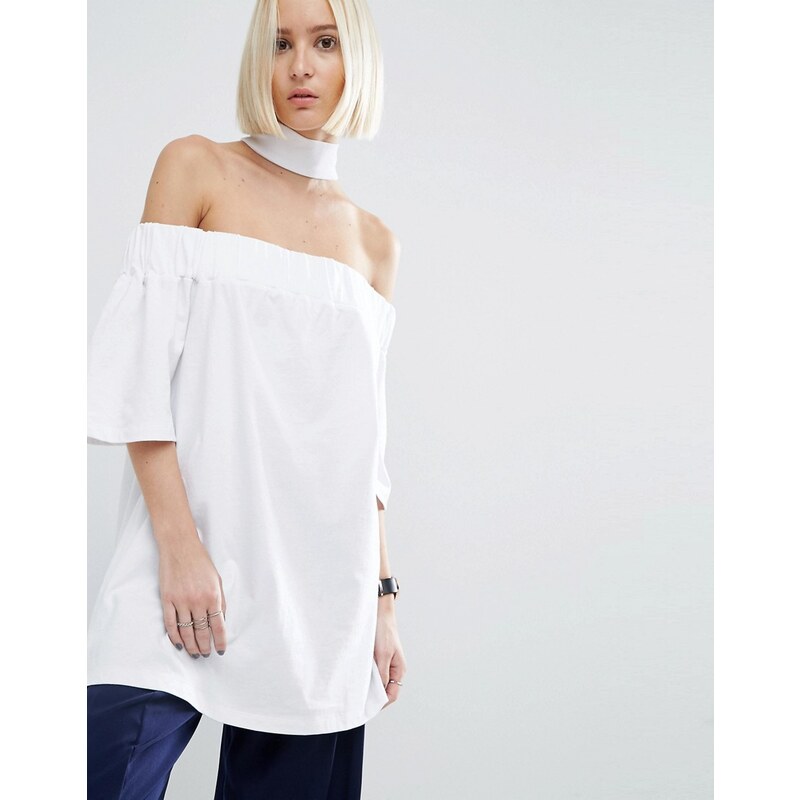 ASOS White - T-shirt à épaules dénudées et col effet collier - Blanc