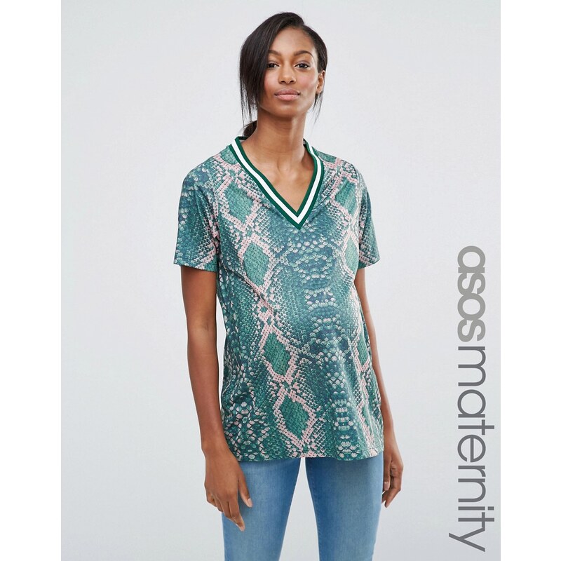 ASOS Maternity - T-shirt long imprimé serpent vif à bordure rayée - Multi