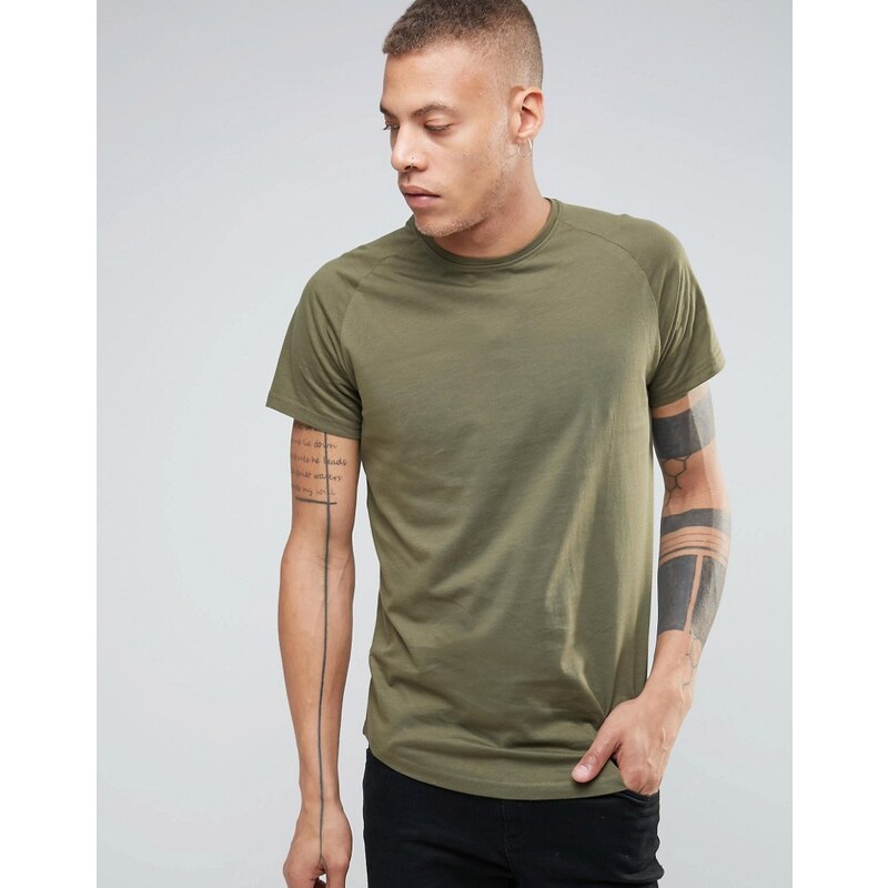Selected Homme - T-shirt long à manches raglan et ourlet arrondi - Vert